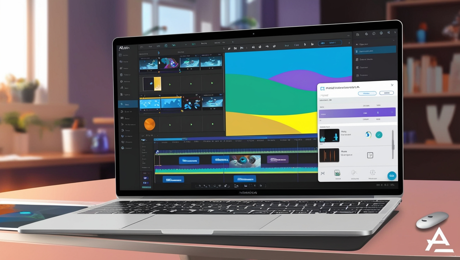 Laptop displaying Alight Motion Mod APK for PC with multi-layer video editing and effects in a professional workspace.