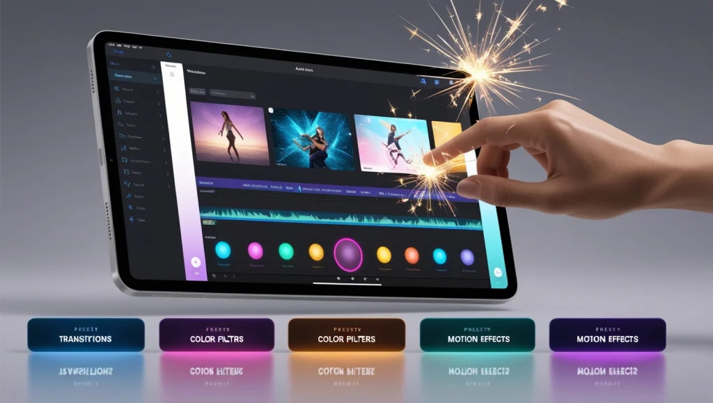 3D illustration of a tablet showing Alight Motion presets with a hand selecting a preset to apply to the video.