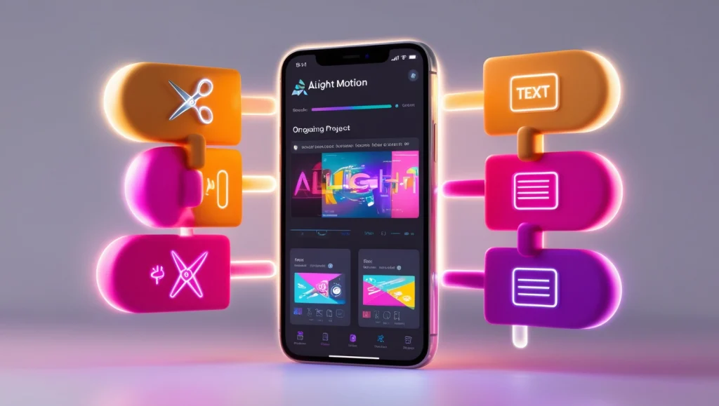 3D representation of the Alight Motion app interface showcasing vibrant motion graphics on a smartphone.