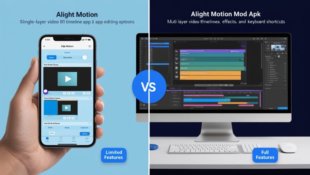 Comparison between Alight Motion on mobile and PC, highlighting the differences in features and editing control.