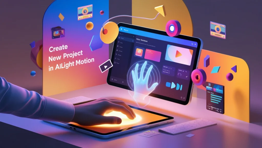 3D illustration of a user creating a new project in Alight Motion with colorful design elements.