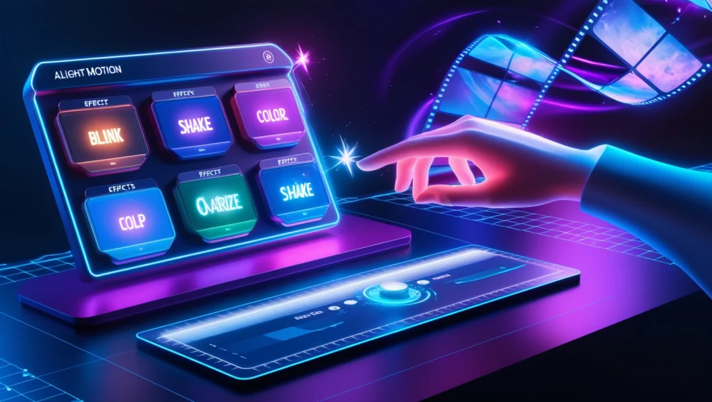 3D illustration of a video editing interface with Alight Motion effects and a glowing hand applying effects to a cinematic video reel.