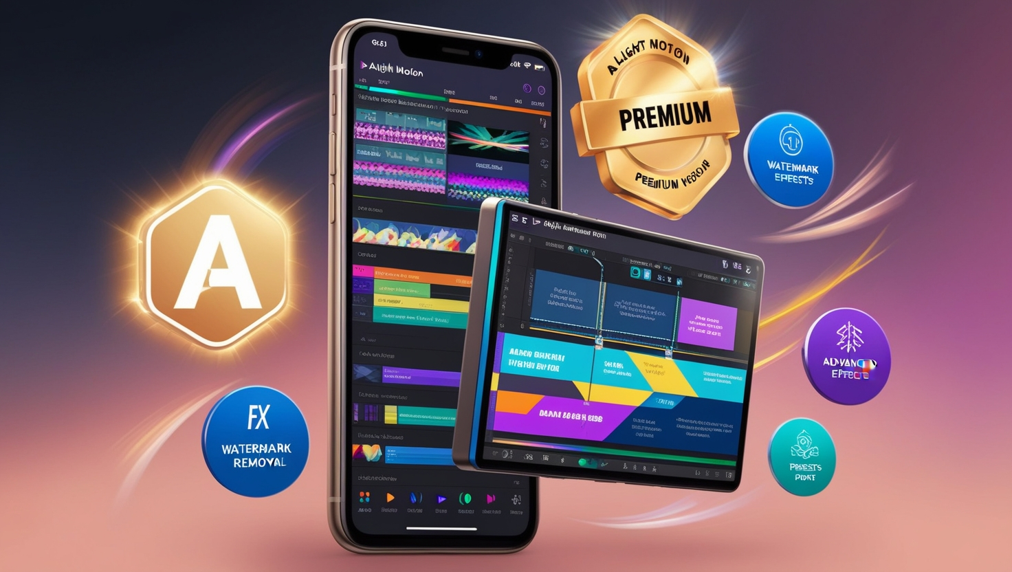 Feature image of Alight Motion app displaying a video editing project with premium features, surrounded by icons for watermark removal, advanced effects, fonts, high-resolution export, customizable presets, and color grading, all set against a vibrant, dynamic background.